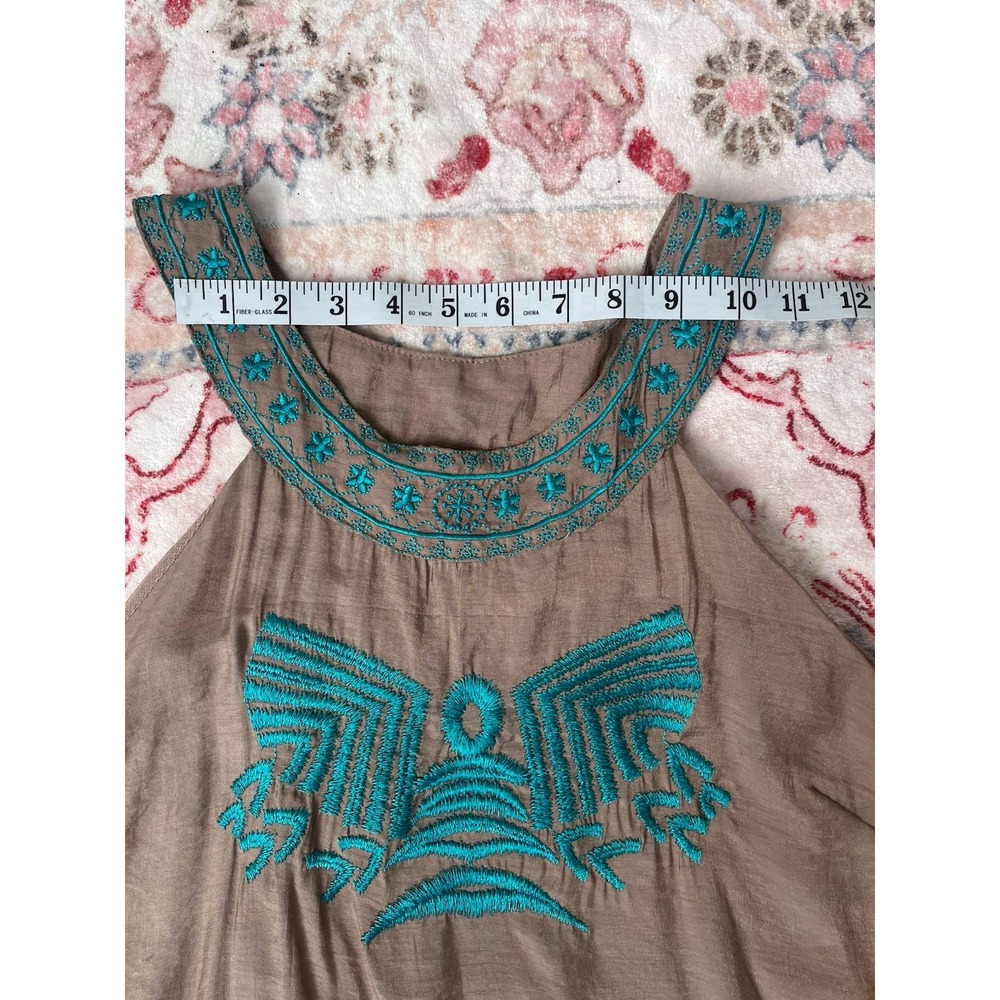 Urban Mangoz Women's M Sleeveless Dress Tan Turquoise Embroidered Casual Tunic - Picture 6 of 8